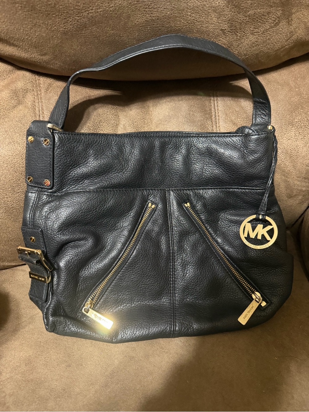 Michael Kors Black Leather Shoulder Bag with Gold Accents